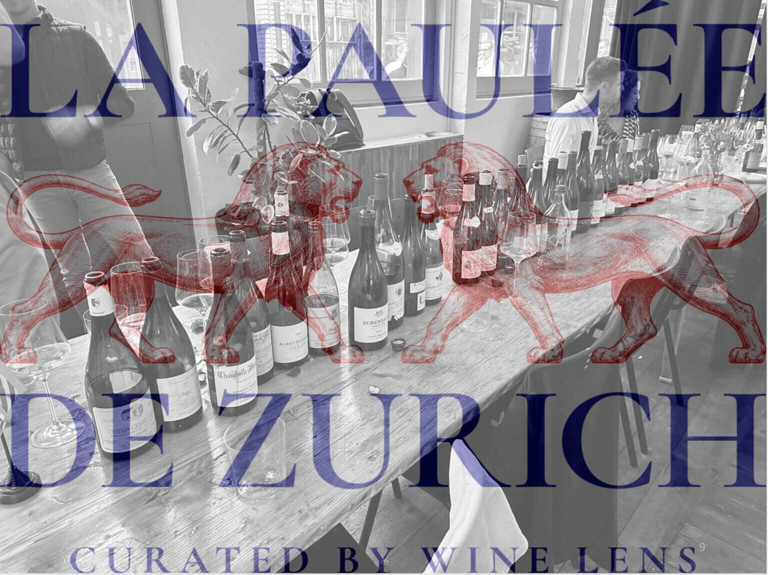 Wine bottles and dogs at La Paulée de Zurich wine event.